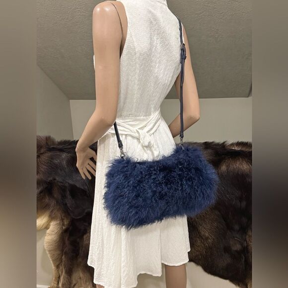 Navy Handmade Real Curly Shearling  Removable Strap Bag/Shoulder Bag/Crossbody - Picture 7 of 17